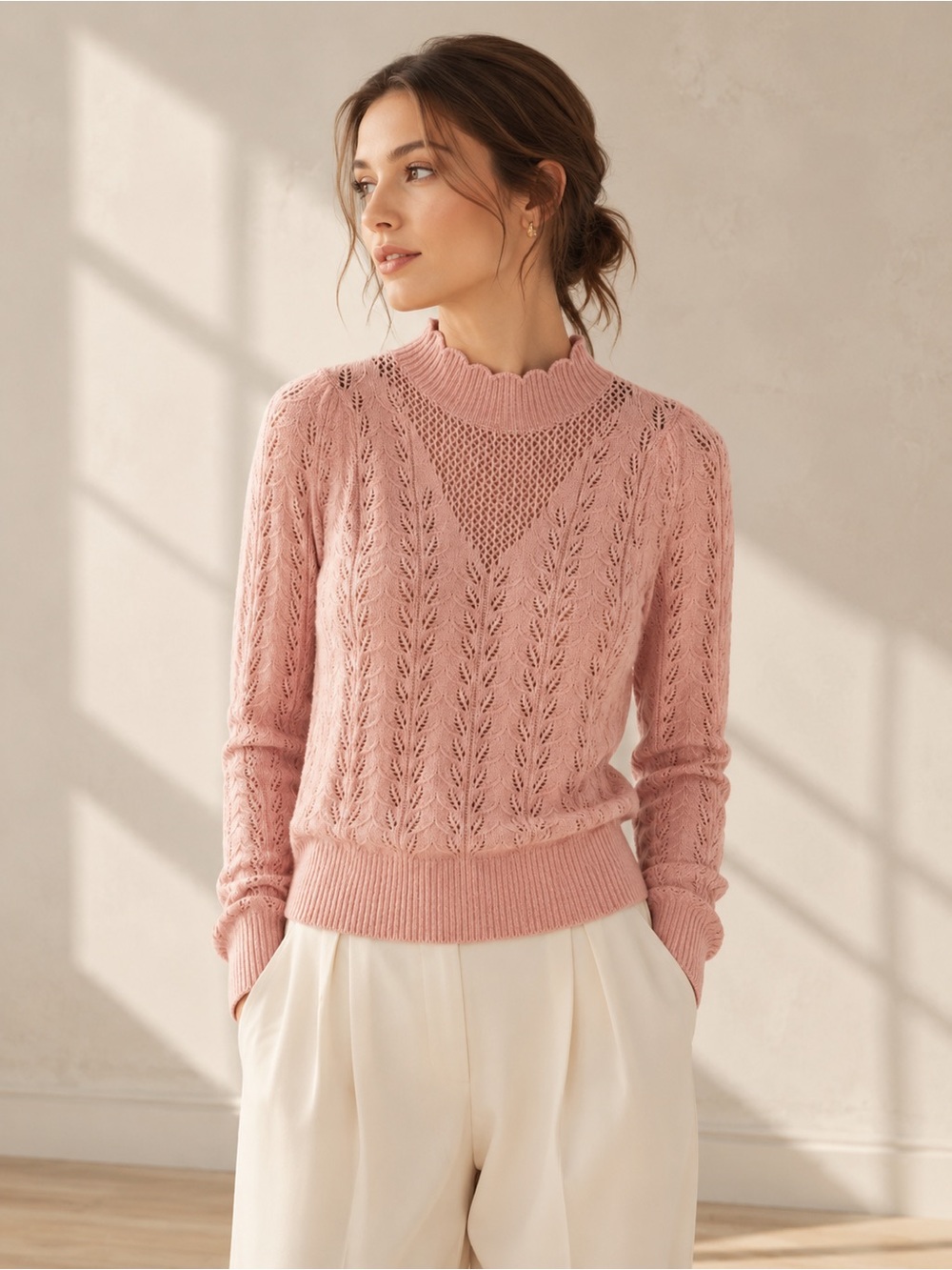 LOFT Blush Pink Pointelle Mock Neck Sweater XS Scalloped Open Knit